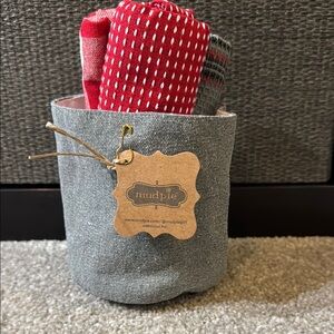 Mud Pie Gray Fabric Basket with Red and Gray Towels